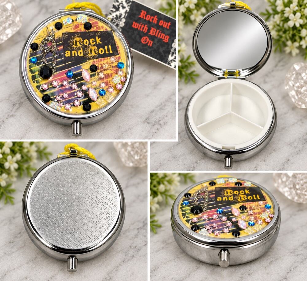 Hand Embellish Rock & Roll Rhinestone Mirrored Pill Box Music Note Trinket Case